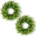 DDHS 10 Inch Artificial Boxwood Small Wreath for Front Doors, 2 Packs Green Leaves Wreath, Spring Summer Mini Wreaths for Indoor Outdoor Hanging Wall Window Wedding Home Decor Party Farmhouse