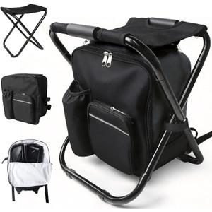 Folding Camping Chair Stool Backpack with Cooler Insulated Picnic Bag, Portable Hunting Fishing Multifunction Chair for Outdoors Hiking Hunting Travel (Black)