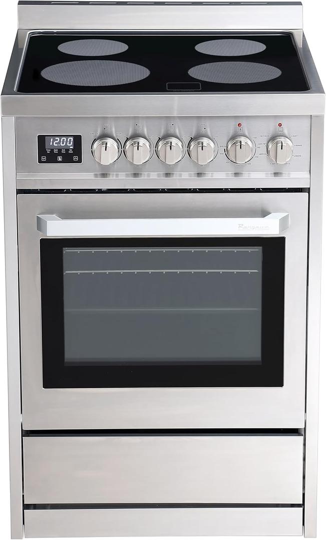 RANGAIRE RRE241TS 24" Electric Range with 4 Burners, 3.0 cu. Ft. Capacity, Freestanding Slide-in AirFry, Convection Oven, Easy Reach Racks, Soft Close Door, Clock and Timer, Stainless Steel