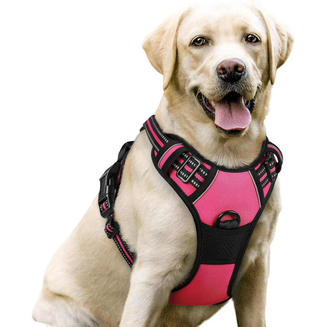 rabbitgoo Dog Harness for Large Dogs, No Pull Pet Vest with 3 Buckles, Adjustable Soft Padded Pet Harness with Easy Control Handle and Reflective Strips, Pink, L