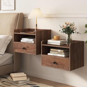 Floating Nightstand Set of 2 Modern Night Stands with Drawer and Open Shelf Cubby Small Bedside End Table with Charging Station Wall Mounted Nightstands Set 2 for Bedroom Brown Walnut, 15.8 inches x 11.5 inches x 11.5 inches