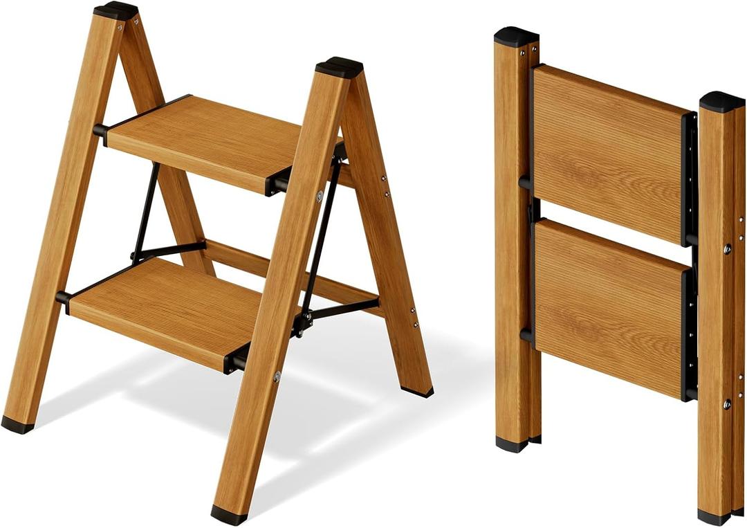 Mayi Plus 2 Step Ladder, Aluminum Folding Step Stool for Adults, Step Ladder with Wide Anti-Slip Pedal, 330 lbs Capacity for Home, Office, Kitchen, Library (Woodgrain)