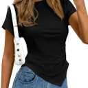 PRETTYGARDEN Womens Asymmetrical Summer Tops 2026 Going Out Shirts Spring Y2K Short Sleeve Crew Neck Ruched Trendy Clothes (Black, L)