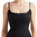 SUUKSESS Women Square Neck Lace Bodysuit Sleeveless Spaghetti Strap Tank Top (Medium, Black)