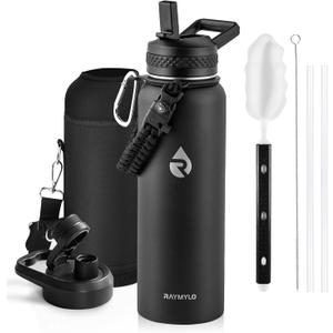 Insulated Water Bottle 40 oz, Triple Wall Vacuum Stainless Steel (Cold for 48 Hrs), Leak Proof & Non-BPA, Modern Water Flask Jug with Paracord Handle & Straw Spout Lids, Magic Black