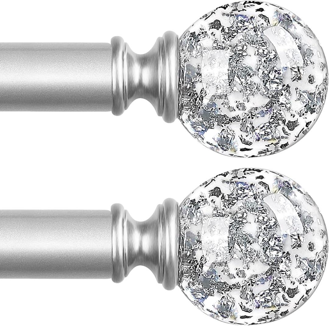 TVWOO Silver Decorative Crystal Curtain Rods 2 Pack:36-88"Heavy Duty Adjustable Window Curtains Rods for Bedroom Living Room, Nickel Modern Girly Acrylic Drapery Rod Set with Sheer Bling Foil Finials
