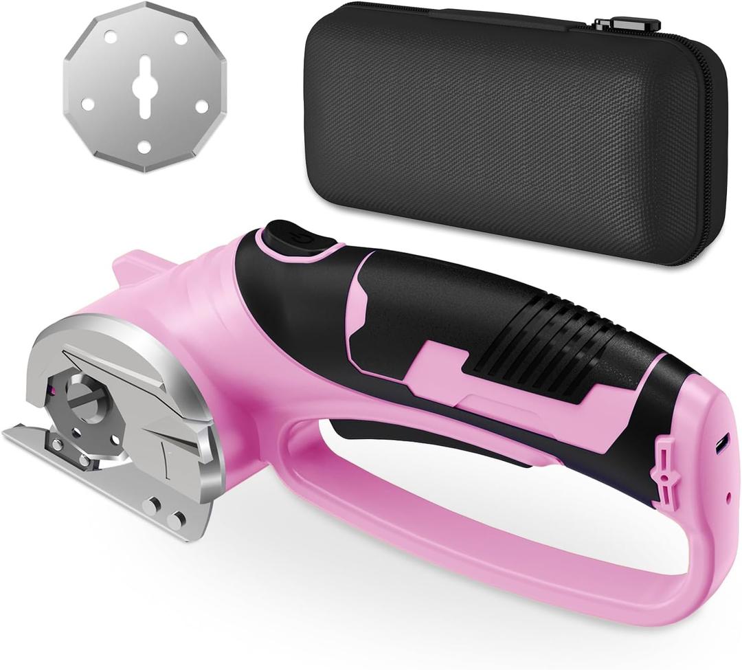 Cordless Electric Scissors, 4V Rechargeable Box Cutter & Cardboard Cutter with LED Light, Safety Lock - Rotary Cutter for Fabric, Leather, Carpet, Plastic, Crafting, Sewing with Storage Box (Pink)