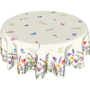 Spring Summer Floral Tablecloth Round 60 Inch,Colorful Wildflower Leaf Butterfly Polyester Circle Table Cloth Wrinkle Stain Resistant Washable Table Cover for Kitchen Dining Room Party Picnic