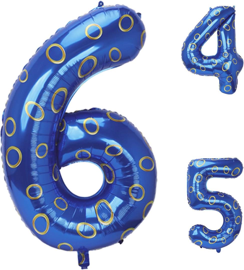 3 x Blue and Golden Rings Birthday Decorations, 40Inch Blue and Golden Rings Theme Number 6 Foil Balloons for Boy 6th Birthday Party Decor