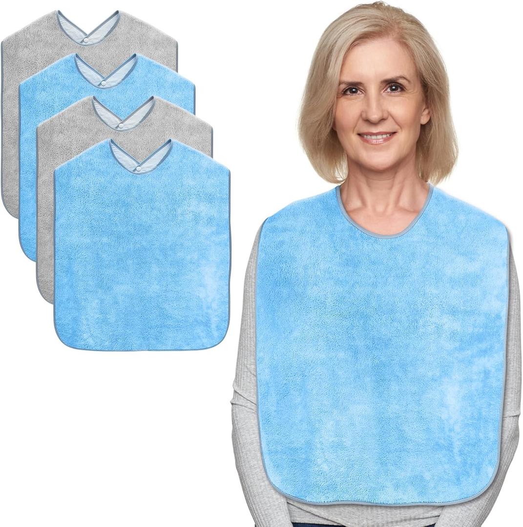 Adult Bibs for Men and Women 4 Packs, Reusable Terry Bibs for Elderly Senior, Waterproof Towel for Adults (Grey+Blue)