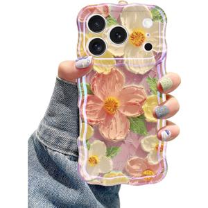 Jusy Case for iPhone 17 Pro, Colorful Retro Oil Painting Printed Flower Laser Blue Glossy Pattern Cute Curly Wave Phone Case Soft TPU Cover for Girly Women -Pink (Pink Without Bracelet)