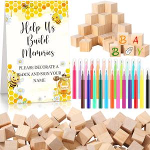 125 Pcs Baby Shower Decorate a Block Game Set Includes Help Us Build Memories Sign 100 DIY Blank Wooden Block 24 Paint Marker Prize for Wedding Baby Shower Game(Bee)