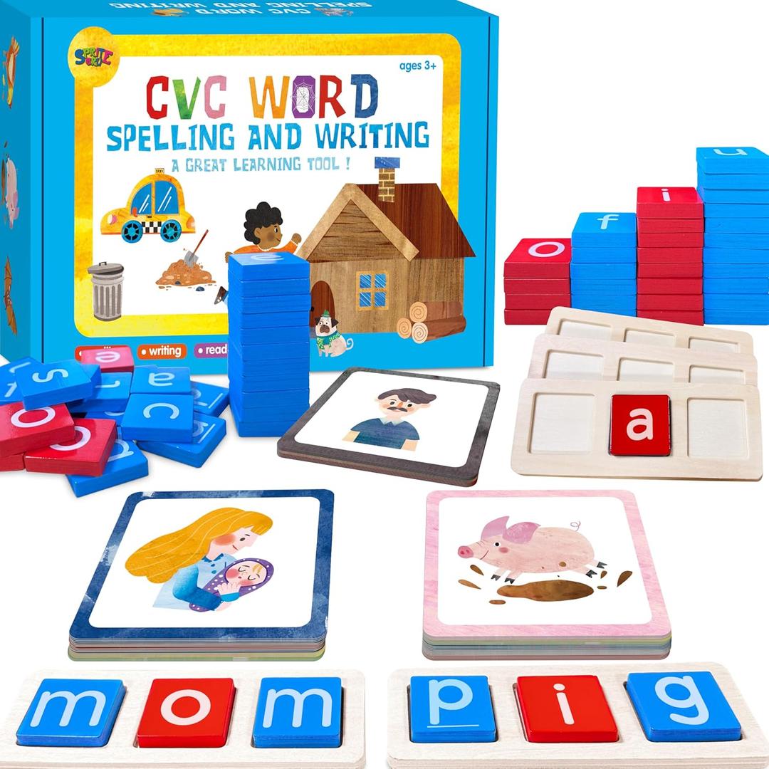 154 PCS Wooden CVC Word Spelling Game, Short Vowel Spelling Flashcards Sight Words Flash Cards Montessori Early Educational Toys for Preschool Kindergarten (5 Dry Erase Marker Included)