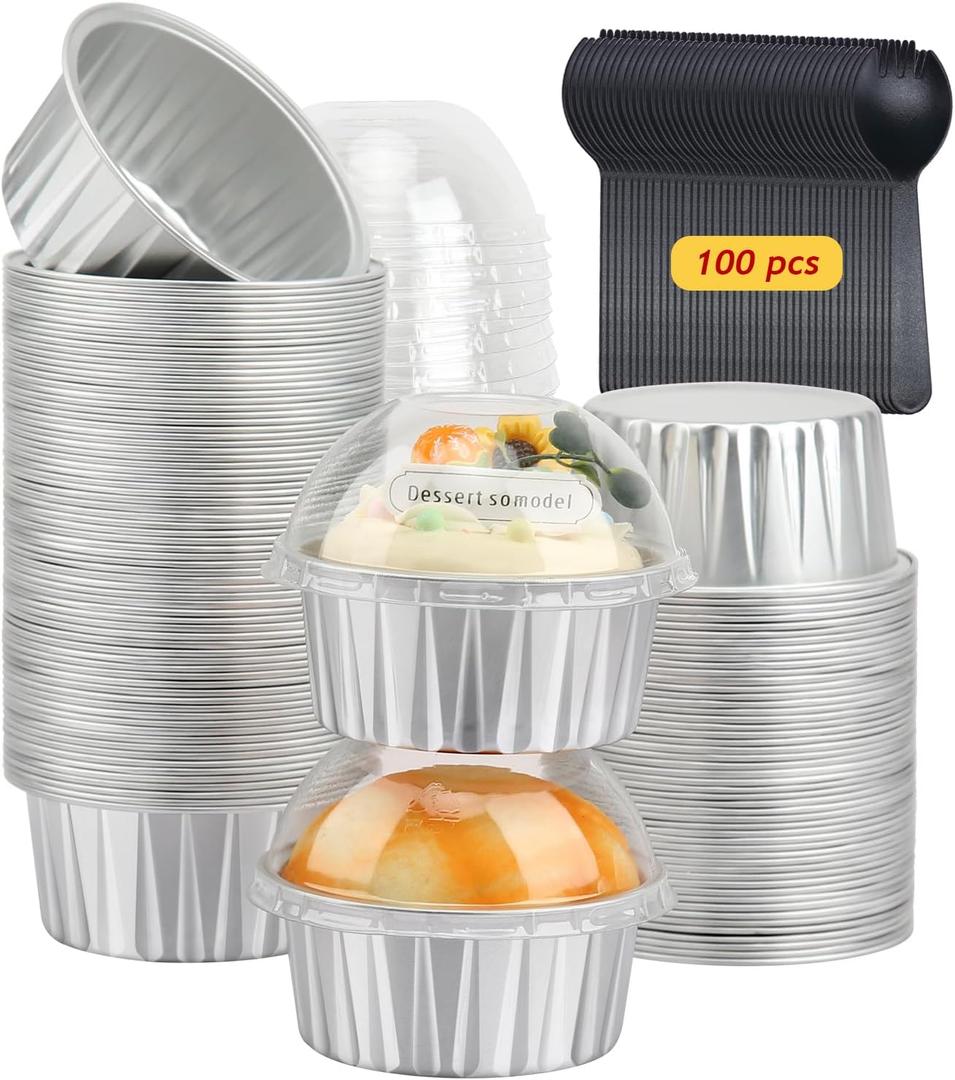 5oz Cupcake Pans Muffin Tins with Lids 100 Pack, LNYZQUS Aluminum Foil Mini Cake Baking Pans, Small Baking Cups Containers, Disposable Ramekins Muffin Cups - Silver (5 oz)