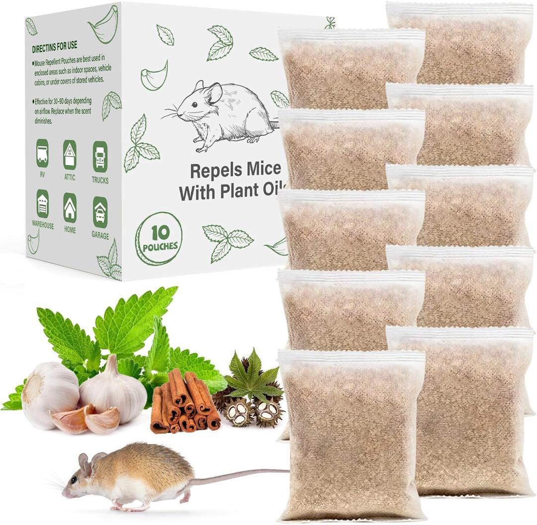 Pest Repellent Pouches, 10 Pack Peppermint Oil for Mice, Rodent, Mouse, Rats, Spider, Squirrel, Pest Control Indoor & Outdoor, Natural Mouse Deterrent Replace Traps Family & Pet Safe