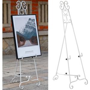 Metal Free Standing Adjustable Display Stand Scroll Easel with Chain Support, White Easel Stand for Sign, Wedding, Picture Frame. (No Installation Required), 17.32L x 24.4W x 56.4H inches