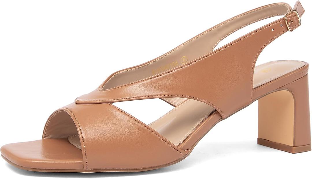 NEWBELLA Women's Square Toe Heeled Sandals - Slingback Strap Dress Shoes for Work Commute & Summer Outfits