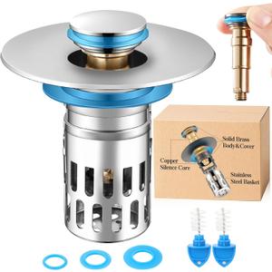 1Pack Universal Bathroom Sink Stopper Replacement,Pop Up Sink Drain Strainer Hair Catcher,Solid Brass Silent Popper Core/Stopper/Cover,Stainless Steel Removable Filter Basket for 1.05~2.0''Hole (1pc) (1pack (Polished Silver))