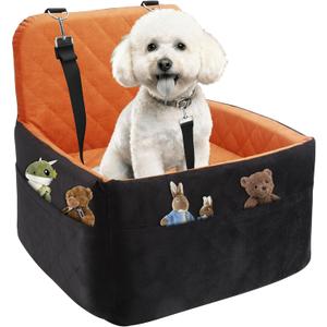 Dog Car Seat for Small/Medium Dogs, Pet Dog Booster Car Seat Puppy 15-35 lbs with Soft 4+2in Detachable Pads Detachable Elevated Cushion and Washable Cover Brown