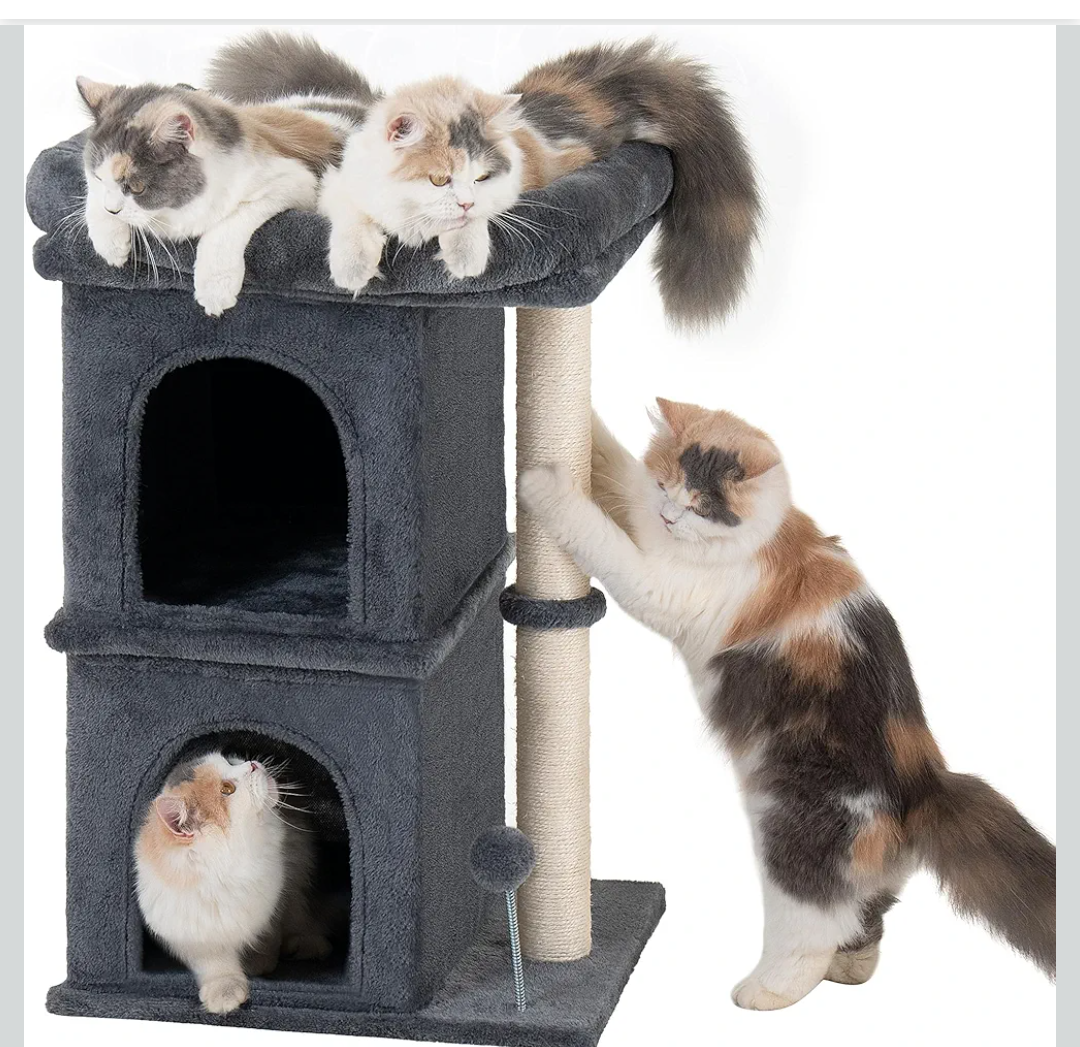 Cat Tree Tower with Scratching Post,Window Perch Bed for Large Adult Cats, 2 Small Condo Cubbies for Indoor Kittens