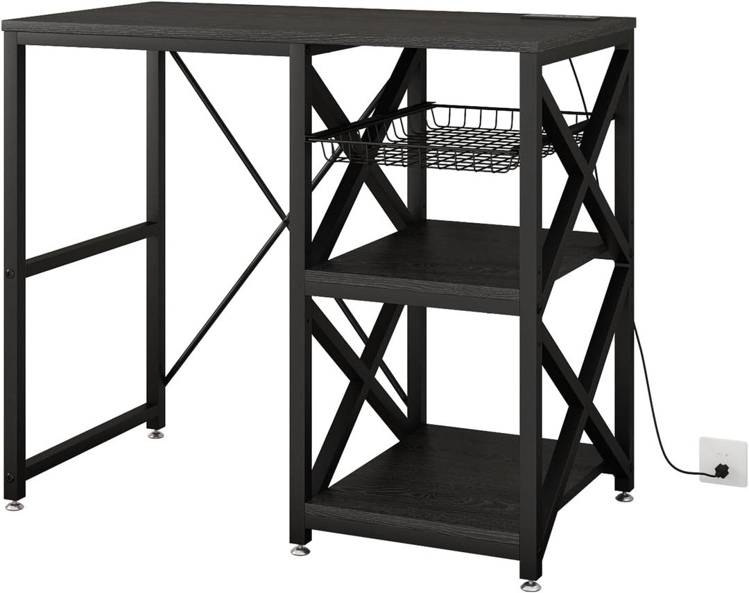 METYERRY Kitchen Bakers Rack with Power Outlet,Mini Fridge Cabinet with Mesh Basket, Mini Fridge and Microwave Table with Storage for Office,Kitchen,Living Room,Coffee Bar,Patio, Black, 21.2"D x 41.7"W x 34.8"H