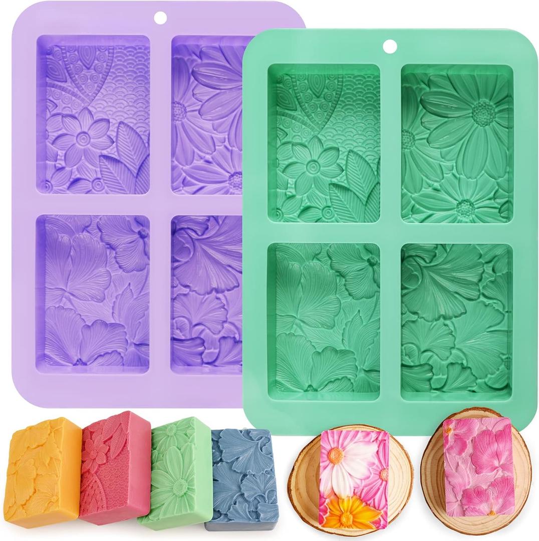 Moukiween Soap Molds Silicone, 3D Rectangular Flower Pattern Silicone Molds for Handmade Craft Soap, Bath Bombs, Chocolate Bars, DIY Candle, Polymer Clay Design (Green+Purple)