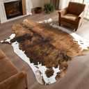 DweIke Faux Cowhide Print Rug for Living Room, 4.6 x 5.2 ft Brown Western Animal Cow Hide Rugs, Non Slip Cool Cow Skin Carpet for Bedroom Dining Room Farmhouse Entrance Home Decor, Brown