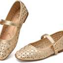 Trary Mary Jane Shoes Women, Hollow Flats for Women, Ballet Flats Shoes Round Toe Mary Jane Flats, Ankle Strap Spring Summer Shoes Dressy Comfortable (7, Gold)