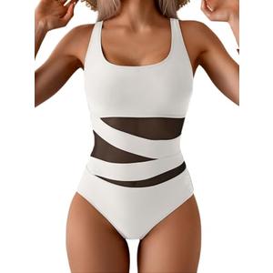 B2prity Women's Mesh One Piece Swimsuit Tummy Control Sexy Bathing Suit Push Up Swim Suit Slimming Swimwear White and Black L