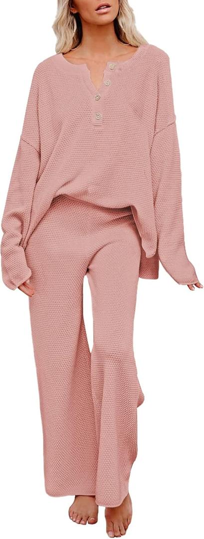 Pink Queen Women's 2 Piece Fall Outfit Lounge Set Long Sleeve Button Pullover Sweater Matching Wide Leg Pants Knit Sweatsuit (X-Large)