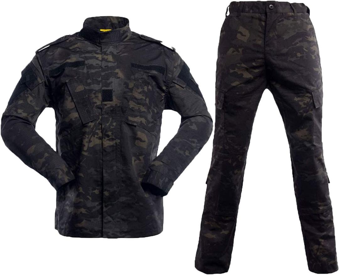 LANBAOSI Men's Tactical Jacket and Pants Military Hunting ACU Uniform 2PC Apparel Suit (Large, Black Cp)