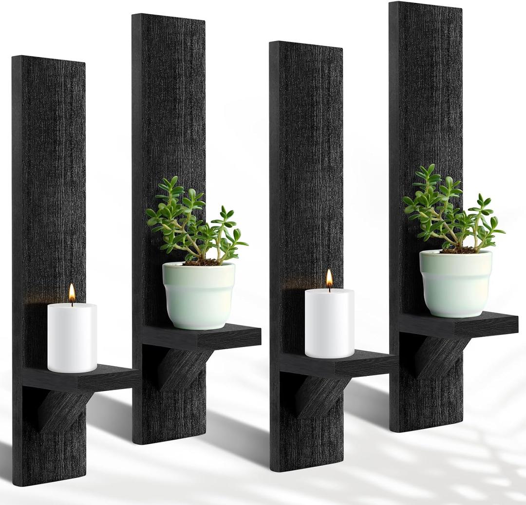 4 Set Wooden Wall Candle Holder Sconces Mount Decorative Holders Decor Rustic Hanging Shelf Living Room Decoration for Farmhouse Bathroom Bedroom Vase Living Room(Black)