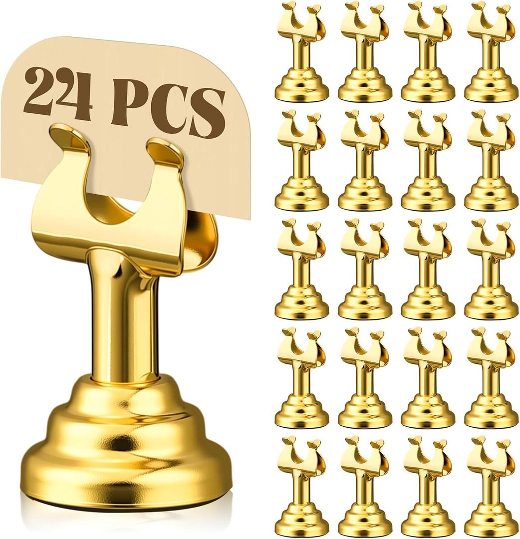 Gold 24 Pcs Metal Table Number Holders 1.8 Inch Mini Wedding Place Card Holders Bulk Harp Clip Table Sign Stands Card Holder for Memo Notes Menu Wedding Restaurant Birthday Decor