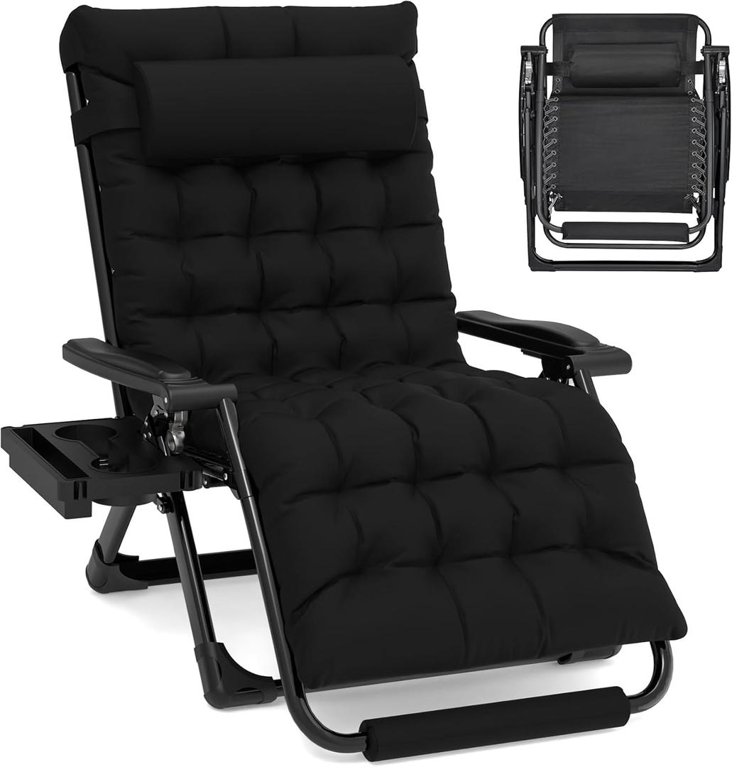 Slendor Oversized Zero Gravity Chairs XXL, 33In Padded Zero Gravity Lounge Chair, Lawn Recliner, Folding Patio Reclining Chair w/Aluminum Alloy Lock, Headrest, Cup Holder, Support 500lbs, Black