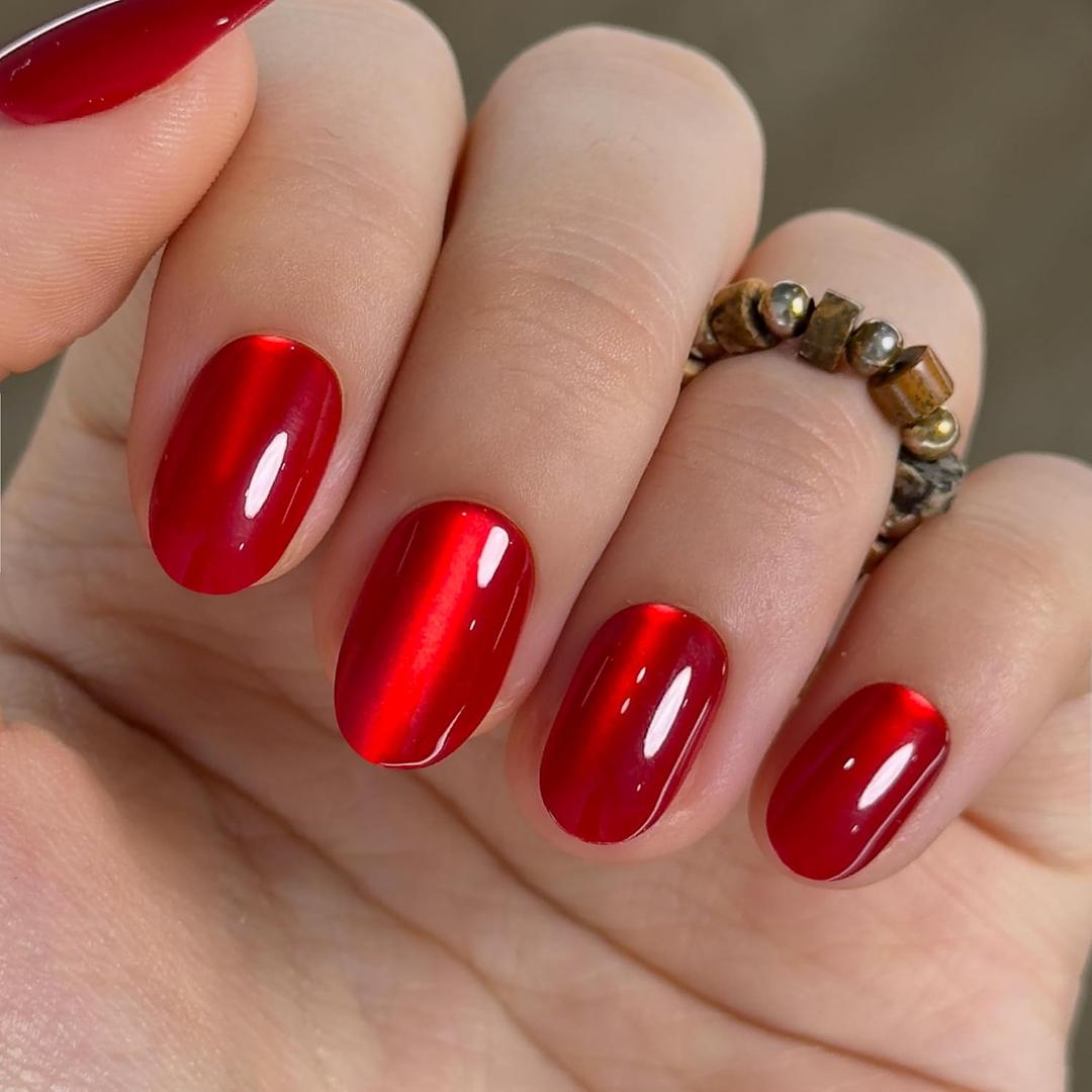 Curvlife Oval Press On Nails Short  Soft Gel Cat Eye Salon Quality Ruby Luxe Glossy Red Fake Nails with Glue, Long Lasting Daily False Nail Tips for Women