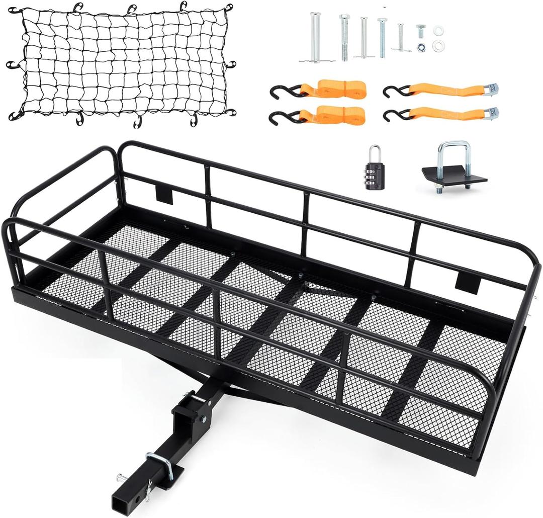 Hitch-Mounted Cargo Carrier | 60"x24"x14" Basket with 500 Lb Capacity | with Net and Straps | Fits 2-Inch Receivers | for Cars and SUVs