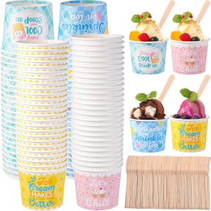 100 Sets 6 oz Paper Ice Cream Cups with Wooden Spoons Bulk Ice Cream Sundae Bar Supplies Disposable Dessert Bowls Containers for Spring Summer Graduation Bar Party Decorations Supplies