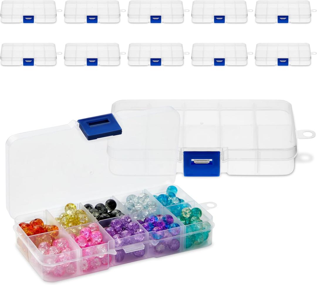 12 Pack Mini Clear Storage Containers with 10 Grid Dividers, Small Plastic Tackle Boxes for Beads, Buttons, DIY Jewelry (2.5 x 5 In)