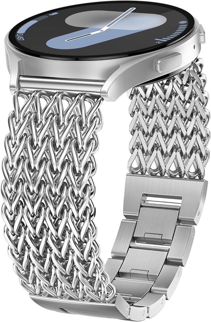 Minyee Compatible with Samsung Galaxy Watch 7 6 5 4 FE 40mm 44mm/Watch 6 Classic 43mm 47mm/Watch 5 Pro 45mm Bands Women, 20mm Dressy Stainless Steel Metal Gold Chain Strap Mermaid Designer Wristband (Silver)