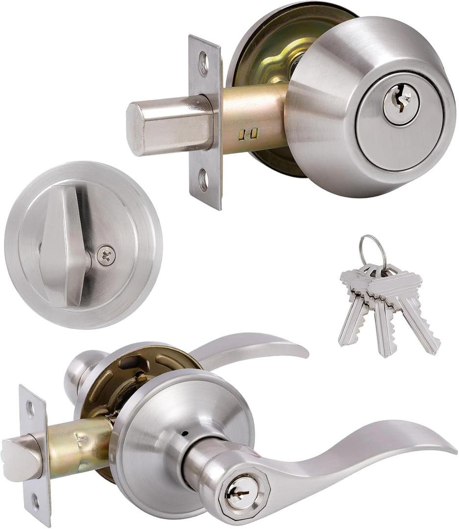 (1 Pack) Keyed Alike Front Door Lever Lockset with Single Cylinder Deadbolt Combination Set, Wave Style Lever, Front Door/Exterior Door Knob with Lock and Deadbolt, Satin Nickel Finished