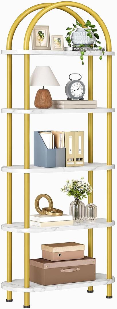 HOOBRO 5 Tier Open Bookshelf, Industrial Arched Bookcase Display Shelf Rack, Wooden Bookcase Storage Shelf Metal Frame, Tall Storage Organizer for Home, Easy Assembly, Gold DM176SJ01, 16.9"L x 11.8"W x 69.3"H