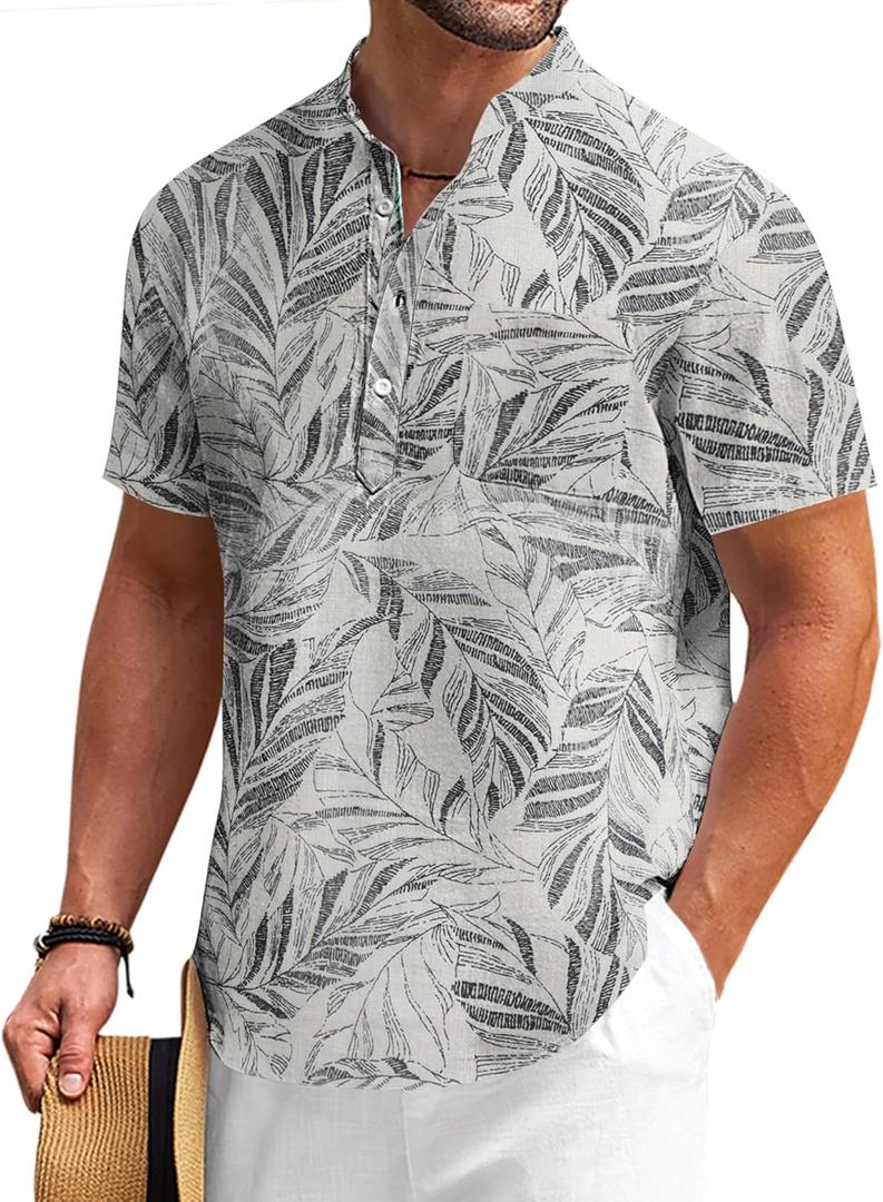 COOFANDY Men's Cotton Linen Henley Shirt Short Sleeve Hippie Casual Beach T-Shirts with Pocket Medium