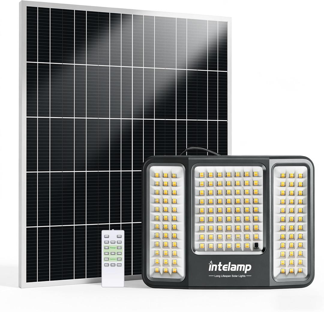intelamp Solar Flood Lights, 2000LM 20000mAh Battery 3 Colors Floodlight | Outdoor Waterproof with Remote 16.4 FT Cable, Dusk to Dawn Security LED Spotlights for Yard Garden Backyard Porch Driveway, Large
