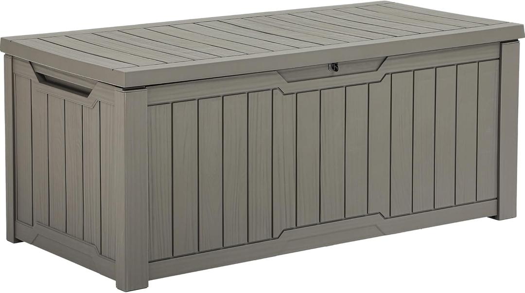 YITAHOME 120 Gallon Resin Deck Box, Weather Resistant Outdoor Storage Box for Patio Cushions, Garden Tools, Pool Supplies, Lockable, Easy Assembly, Extra Seat or Table (Light Brown) (Taupe)