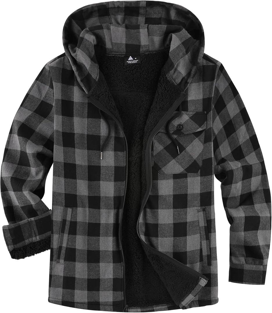 V VALANCH Men's Sherpa Lined Flannel Jacket with Hood  Zip Up Plaid Shirt Jacket Winter Outdoor Warm Outerwear Fleece Coat (Medium, Dark Grey)