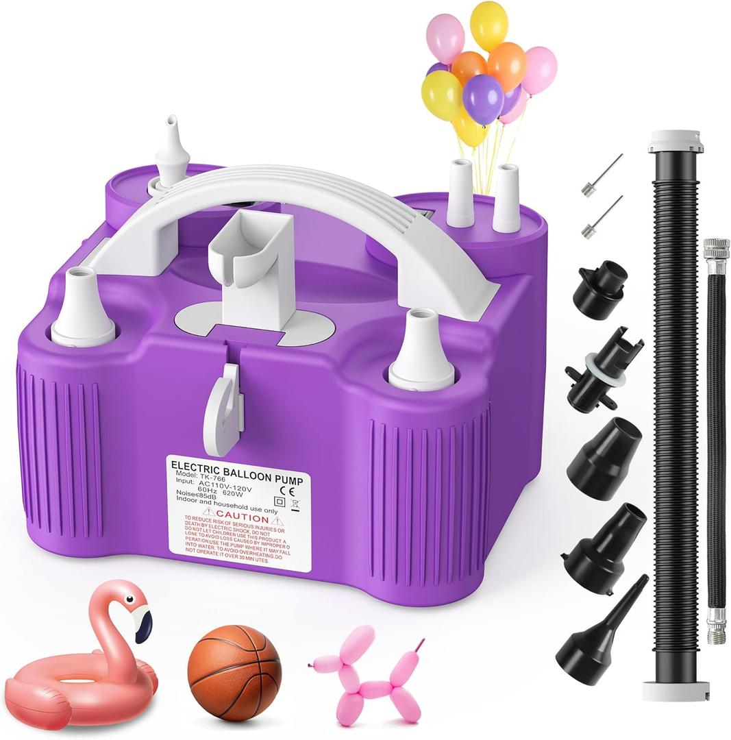 4-in-1 Electric Balloon Pump for All Balloons, Inflatables, and Sports Balls, Triple Inflating Ports for Latex Foil 260q Mylar Balloon, Inflator Deflator for Air Beds Pool Floats Yoga Balls (purple)