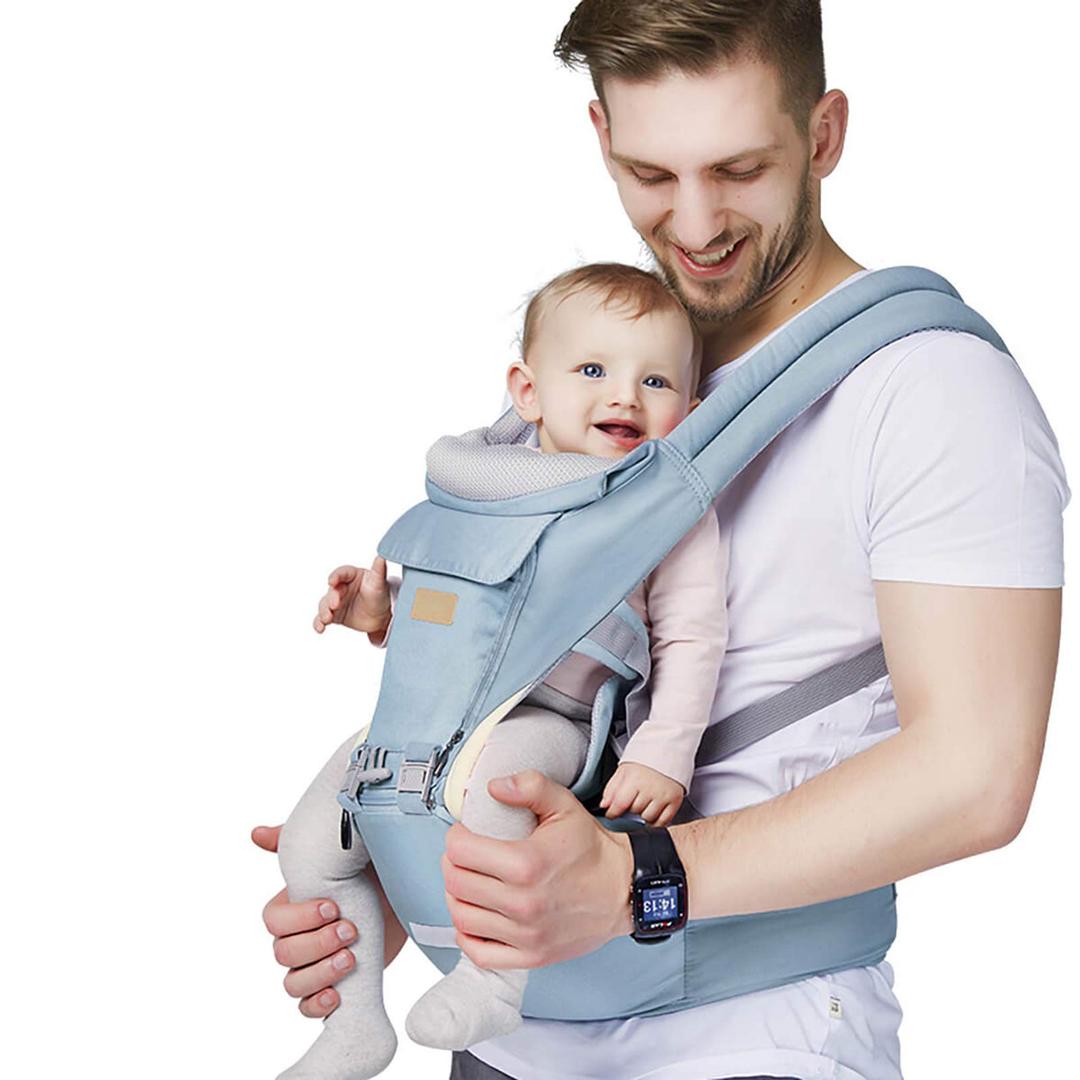 FRUITEAM Baby Carrier with Hip Seat - Ergonomic & Comfortable Baby Carrier with Head Support for Newborn to Toddler, Suitable for Parents of Different Body Types，Blue
