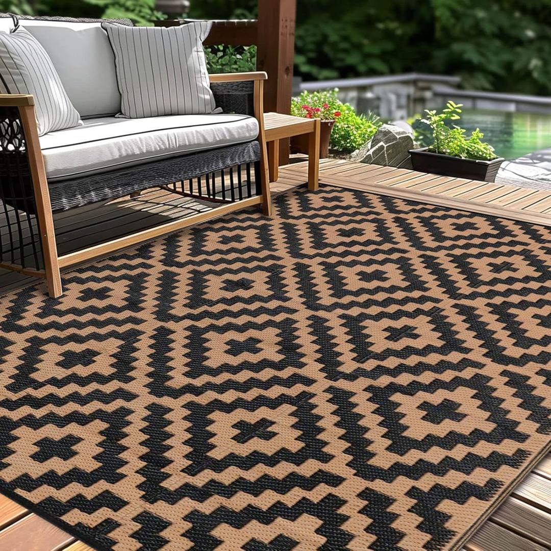 Outdoor Patio Plastic Straw Rug - 5'x8' Outdoor Camping Rug Waterproof Reversible, Area Carpet Patios Clearance RV, Outside Porch Balcony Deck for Camper, Black & Brown