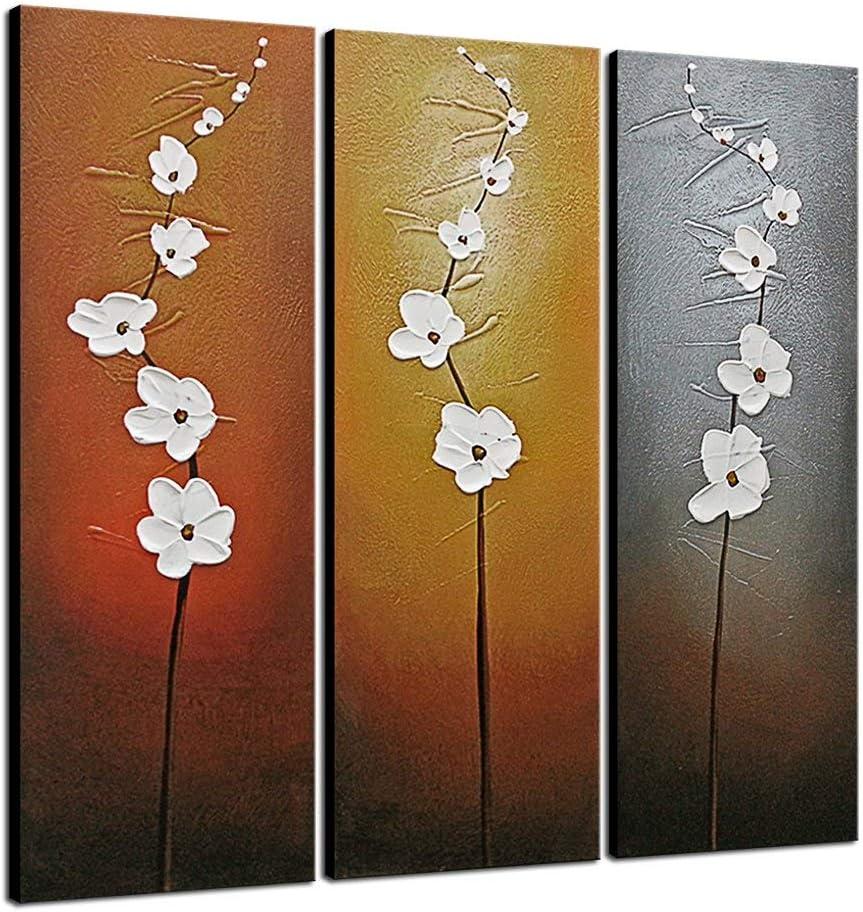 Wieco Art Extra Large Modern Contemporary Flowers Artwork 3 Panels Decorative 100% Hand Painted Gallery Wrapped Abstract Floral Oil Paintings on Canvas Wall Art Ready to Hang for Home Decor, 12x36inchx3pcs