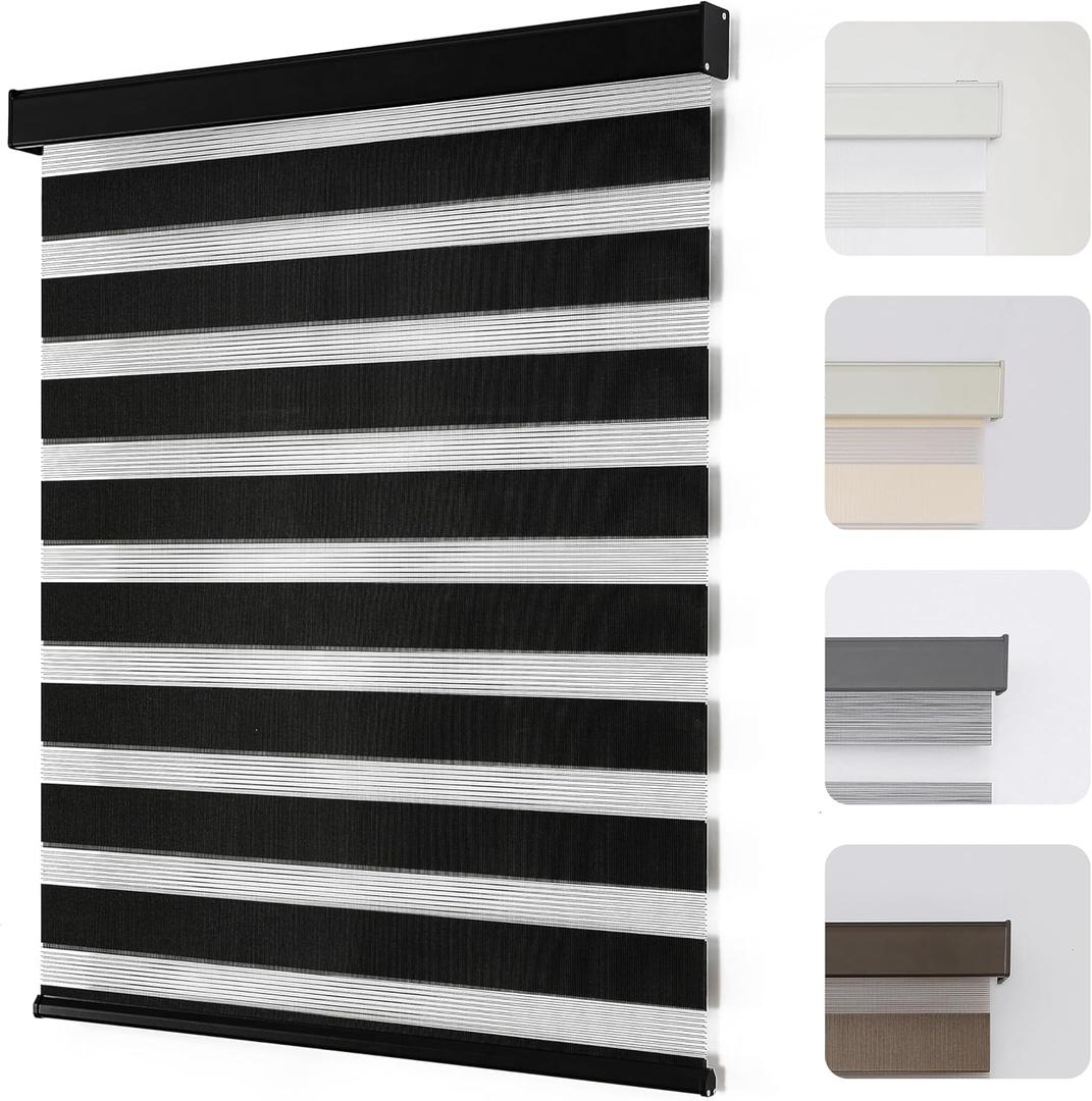 Joydeco Cordless Zebra Blinds for Windows, Dual Layer Light Control Window Blinds with Light-Proof Aluminum Cover, Free-Stop Roller Shades for Home & Office (Black,35" W x 75" H)